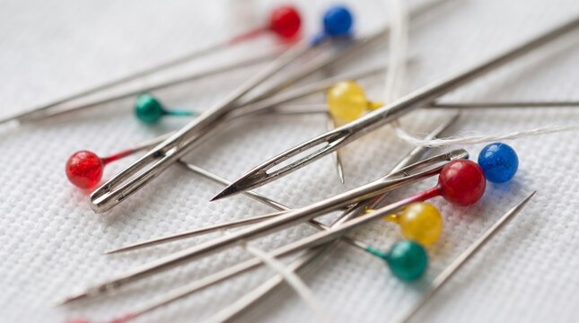 Close up of sewing needles with colorful heads scattered on white fabric, macro shot