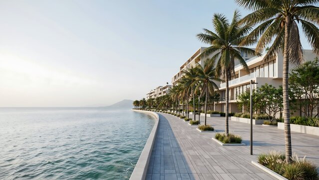 Modern waterfront promenade with palm trees and luxury apartment buildings along a calm sea under a clear, bright morning sky in summer