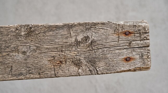 Close up of weathered weathered wooden beam with rusty nails and visible grain texture