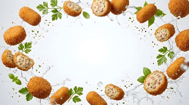 Crispy fried croquettes with fresh parsley and water splashes arranged in a frame with copy space