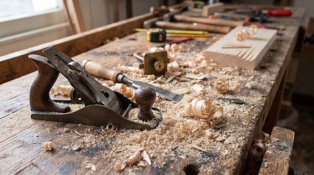 Vintage woodworking bench with hand plane chisel and wood shavings, symbolizing craftsmanship and traditional carpentry
