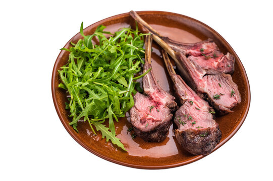 Roasted lamb chop cutlets, mutton meat steaks  with salad isolated on white backgrounds