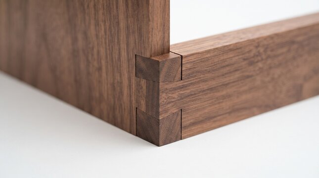 Close up of dovetail wood joint on dark walnut wood showing craftsmanship and precision