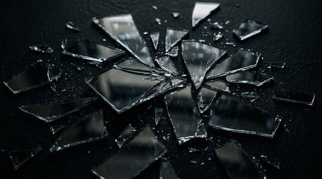 Sharp shards of broken mirror scattered across a dark textured surface symbolizing fragility and shattered dreams