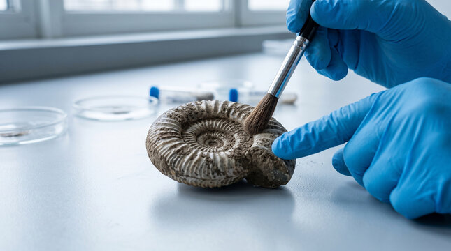 Paleontologist in Laboratory Delicately Cleaning Spiral Ammonite Fossil with Brush