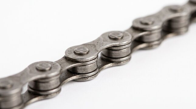 Close up of a bicycle chain isolated on a white background, showing intricate metal links and roller details for cycling and mechanical concepts