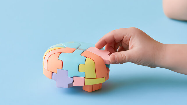 A young child hand place a colorful wooden puzzle piece into a three dimensional brain shaped toy model on bright blue background top