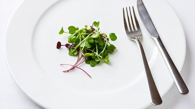 Top View of a Small Portion of Microgreens on a Bright White Large Plate with Fork and Knife, Minimalist Molecular Gastronomy Concept, Microgreens, Minimalist Plating, Portion Control, Fine Dining, Cu
