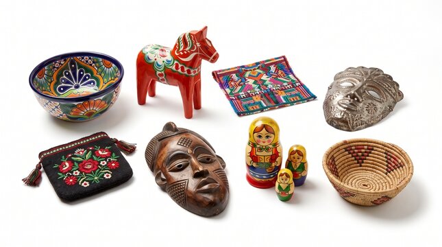 Collection of diverse cultural artifacts including a Mexican Talavera bowl, Dala horse, African mask, Matryoshka dolls, and woven basket