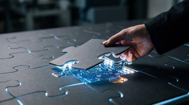 Hand lifting puzzle piece to reveal glowing circuit board