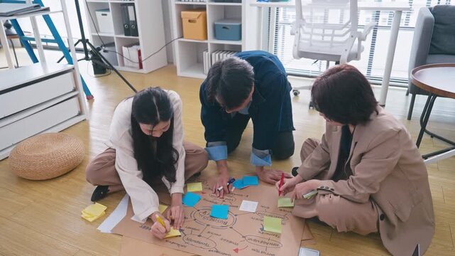 Business Asian team creating project mind map with colorful sticky notes