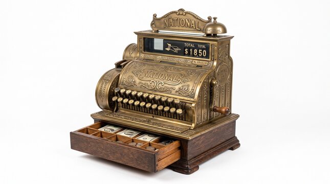 Antique National Cash Register with Open Drawer Showing Bills and Coins Isolated on White Background