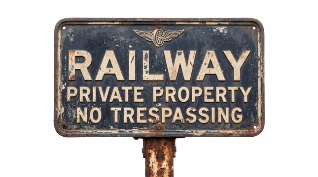 Vintage Railway Private Property No Trespassing Sign Isolated on White Background