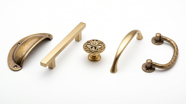 Collection of antique brass cabinet handles and knobs isolated on white background for home renovation and decor