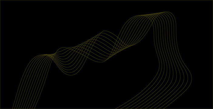 Radiant yellow glowing wave lines on black background portraying digital frequency and electric energy for scientific research presentations and high tech innovation concepts