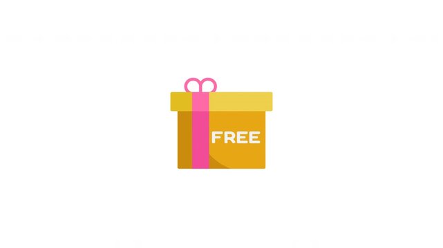 Yellow box gift icon with pink ribbon, featuring a simple flat design graphic. Suitable for use in invitations, greeting cards, and websites.