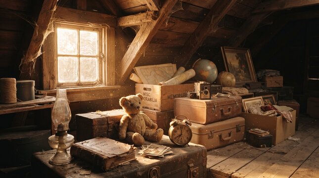 Dusty Attic Filled with Vintage Memorabilia and Old Treasures Bathed in Golden Sunlight