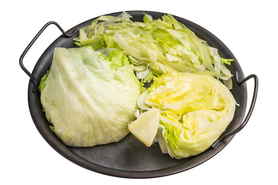 Fresh raw iceberg lettuce salad cut leaves isolated on white background. top view