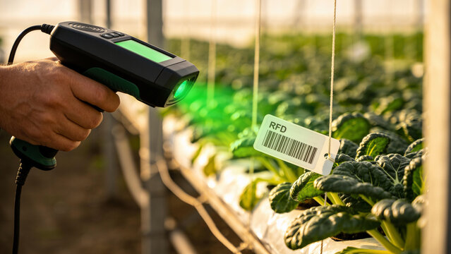 Using a handheld device to scan an RFID tag in a greenhouse for smart farming efforts