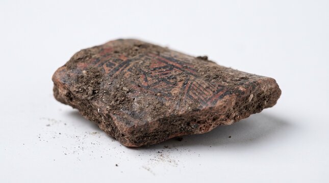 Ancient pottery shard with geometric patterns and dirt, isolated on white background, archaeological artifact