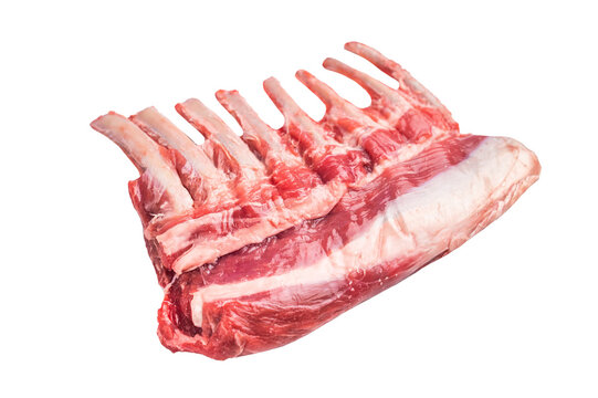 Raw rack of lamb, mutton cutlets isolated on white background. top view
