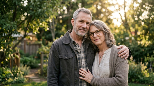 Mature transgender couple embracing happily in sunny outdoor setting, enjoying peaceful moment together. Loving mature transgender couple shares tender embrace outdoors, celebrating connection.