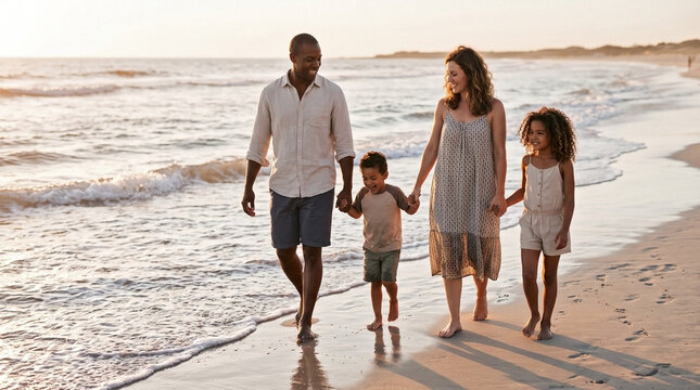 Mixed-race family at beach walks sunset shoreline, parents children holding hands. Mixed-race family at beach enjoys vacation, barefoot in waves. Mixed-race family at beach ideal for travel