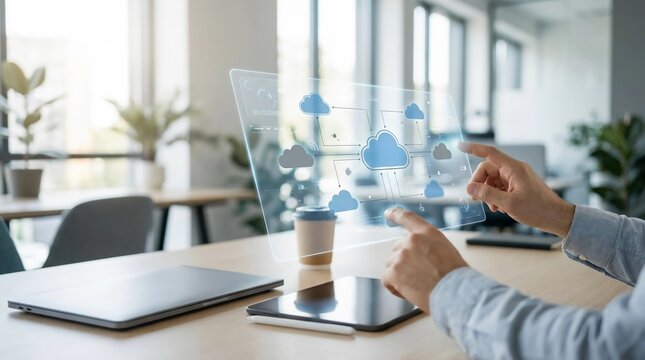 Professional interacting with futuristic cloud computing technology interface in modern office