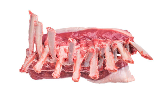 Raw rack of lamb, mutton cutlets isolated on white background. top view