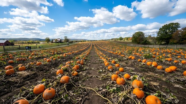 Wide angle view of a vast pumpkin patch field on a sunny autumn day with a blue sky and white clouds above a rural farm landscape