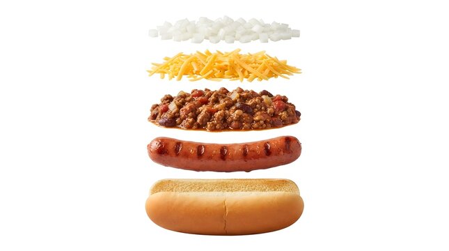 Exploded view of a chili dog with separated ingredients including bun sausage chili cheese and onions