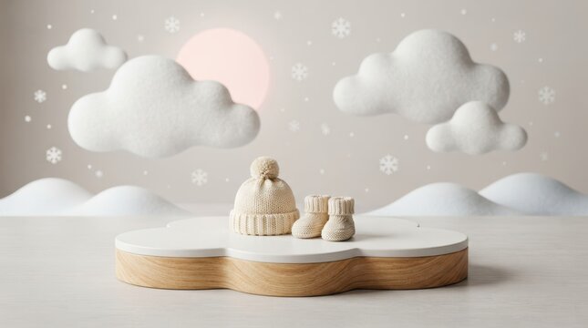 Knitted baby hat and booties set on wooden cloud display with soft winter background for newborn announcement and holiday themes