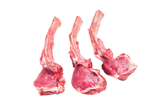 Raw lamb meat chops, fresh mutton cutlets isolated on white background. top view