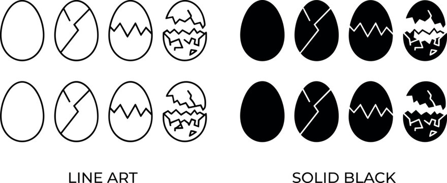 Set of whole and cracked egg icons, hatching symbols, food graphics, and egg vector illustration