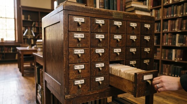 Vintage wooden card catalog cabinet with labeled drawers in a library setting, a hand reaching for a drawer
