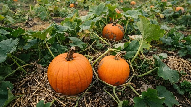 Three ripe orange pumpkins growing on vines in a field with green leaves and straw mulch during the autumn harvest season