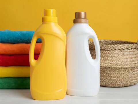 Studio shot of laundry detergent bottles with towels and baskets in background
