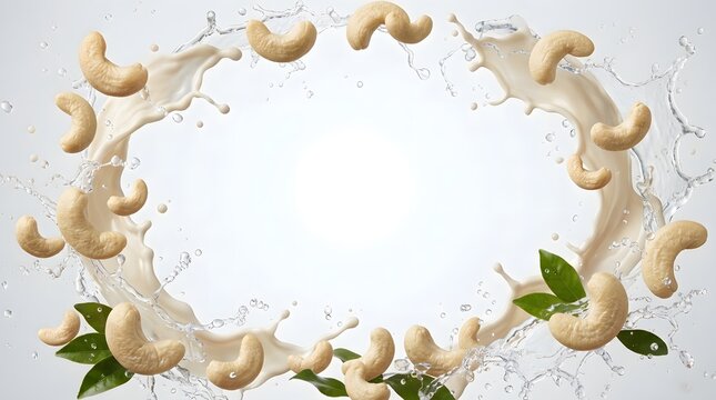 Cashew nuts floating in water with splash effect and green leaves in a natural setting
