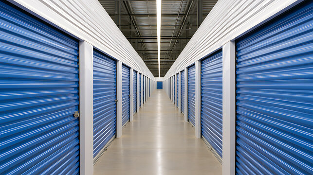 Long indoor corridor lined with bright blue roller shutter doors inside a modern commercial self storage facility with clean concrete floor