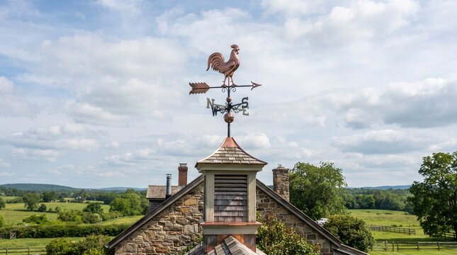 Copper rooster weathervane atop a stone building cupola with a picturesque rural landscape background