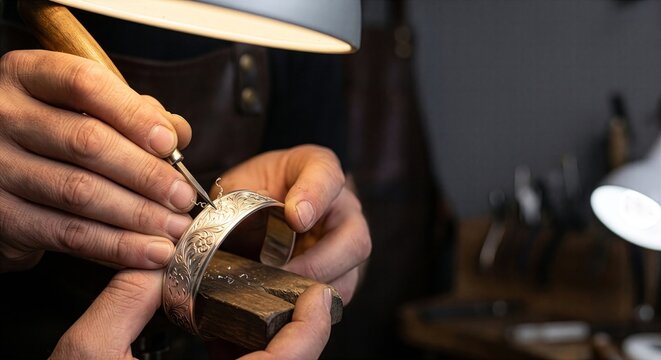 Jeweler's Hands Engraving Silver Bracelet &ndash; Custom Craft Close‑Up