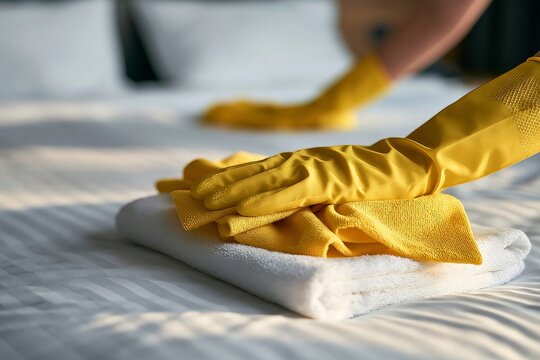 Housekeeper wearing yellow rubber gloves cleaning a white hotel bed with a microfiber cloth