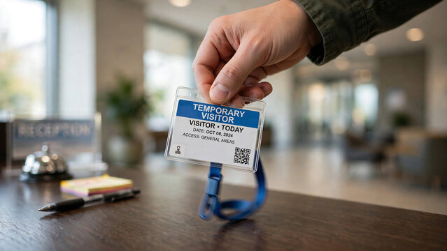 Person holding temporary visitor badge at reception desk