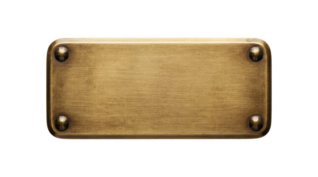 Rectangular antique brass nameplate with rounded corners and four rivets, isolated on white