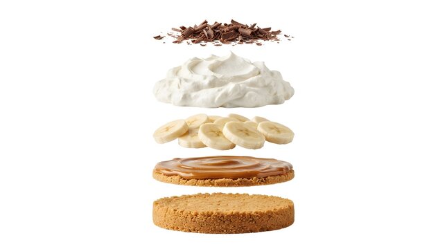 Close-up of a layered banoffee pie with exploded view showing crust caramel banana and whipped cream in studio setting