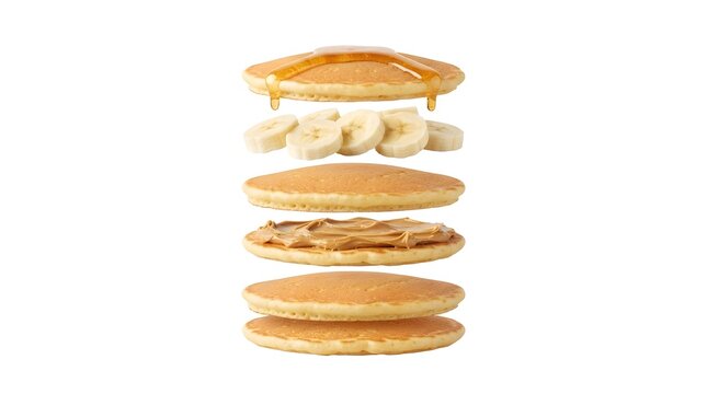 Close-up of a banana pancake stack being assembled in a kitchen with natural light and copy space