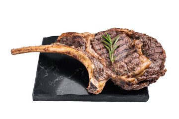 BBQ Grilled Tomahawk beef steak, cooked rib eye with bone on marble board isolated on white background. top view © Mironov