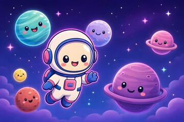 Fototapeta premium Baby Astronaut with Smiling Plantes in Outer Space