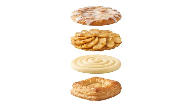 Close-up of exploded apple Danish pastry with flaky crust and filling on white background