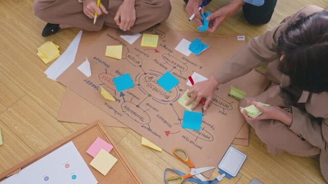 Business Asian team creating project mind map with colorful sticky notes